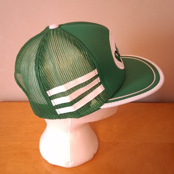 Vintage 1980s Emerald Oilfield Construction Edmonton Green 3 Stripe Trucker Hat - Picture 5 of 13